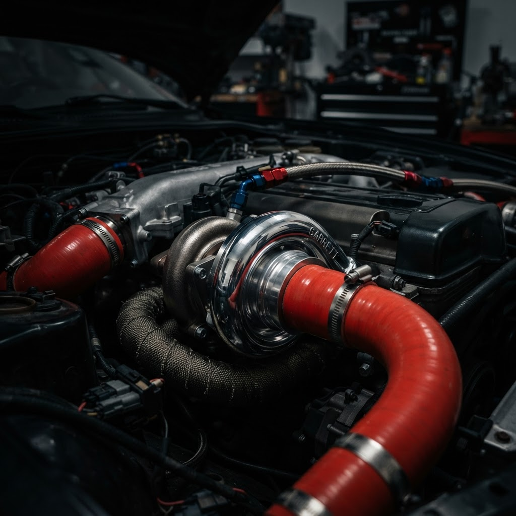 Turbina cromada instalada em cofre de motor com mangueiras vermelhas